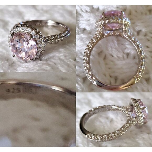 Pink & White Round Diamond Simulant, Cubic Zirconia Rhodium Over Sterling Silver - Picture 3 of 4